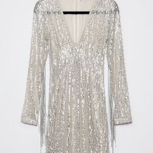 Fashion Nova Silver Sequin Fringe Party Dress | Long Sleeve Mini | Size Small